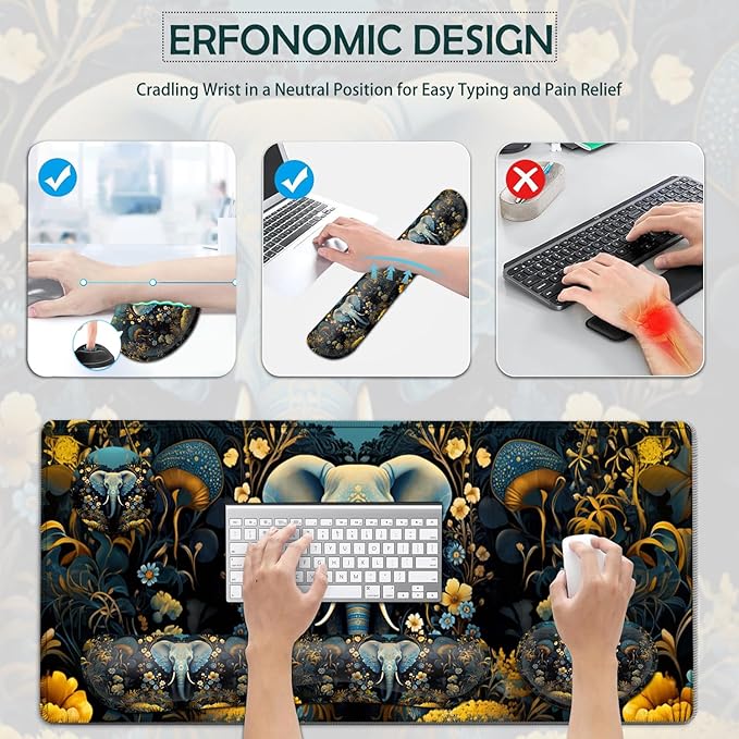 JVGFYNKL Large Gaming Mouse Pad Set Ergonomic Memory Foam Keyboard Wrist Rest Support + Mouse Wrist Rest + Extended Desk Mat with Non-Slip Rubber Base The Golden Elephant Pattern Desk Pad
