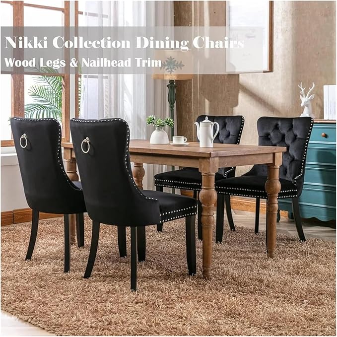 Adjustable Office Computer Chair with Armrest 1pcs Black Velvet Upholstered Dining Chairs with Ring Pull Trim and Solid Wood Legs