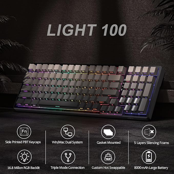 MageGee LIGHT100 Wireless Creamy Keyboard Gasket Structure Hot Swappable 2.4G/USB-C/BT5.0 RGB Backlit Mechanical Gaming Keyboard for Win/Mac/PC 8000mAh Battery Side Printed PBT Keycap Black
