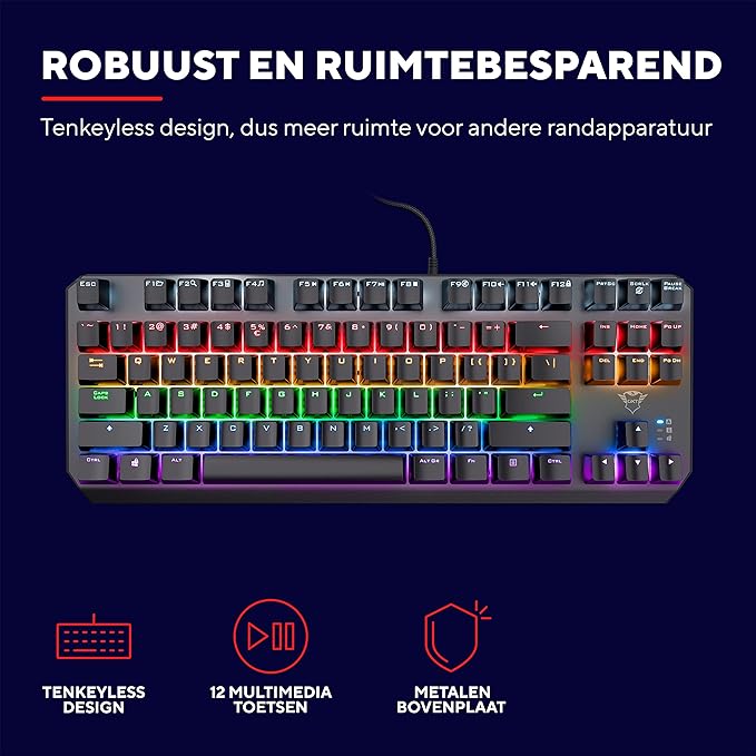 Trust Gaming GXT 834 Callaz TKL Mechanical Keyboard US/NL QWERTY Layout Outemu Switch Multicolor LED Lighting 12 Media Keys USB Gaming Keyboard 80 Percent for PC Laptop Mac Black