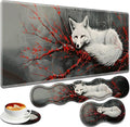 Large Gaming Mouse Pad + Keyboard Wrist Rest + Wrist Support + Coaster Set Memory Foam Ergonomic for Easy Typing XXL Extended Gaming Mouse Pad Table Pad - Red Branch and Fox