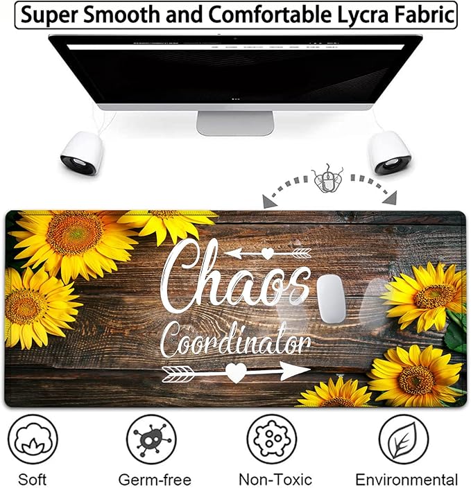 Large Gaming Mouse Pad 31.5x11.8 in Extended Computer Mouse Mat with Non-Slip PU Base Ergonomic Memory Foam Keyboard Wrist Rest for Work &amp Gaming Sunflower Chaos Coordinator Office Desk Pad