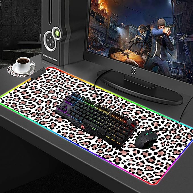 Customized RGB Gaming Mouse Pad and Coffee CoasterLarge Glowing Led Anti-Slip Rubber Base Computer Keyboard Desk Mouse Mat 31.4x11.8 InchLeopard Print