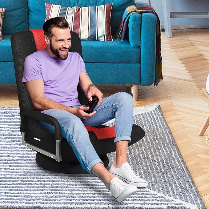 S AFSTAR Floor Gaming Chair Swivel Foldable Chair with Armrest &amp 6-Position Adjustable Backrest Folding Rocker for TV Reading &amp Home Office (Red)