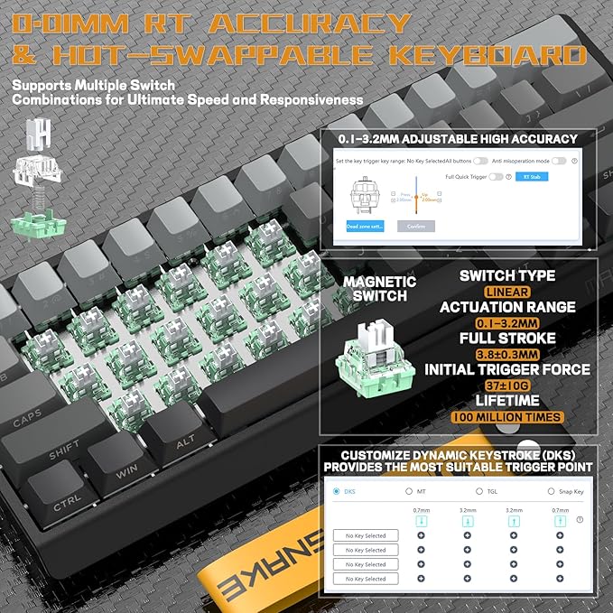 MAMBASNAKE X60 HE 60% Rapid Trigger Wireless Gaming KeyboardHall Effect Magnetic SwitchesAdjustable Actuation0.1ms Ultra-Low Latency 8KHz Polling Rate3-Mode RGBPBT Keycaps for Win/Mac-Moon Night