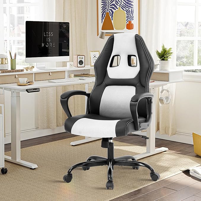 MKDLUFEI Video Game ChairErgonomic Office Chair Desk Chair and Lumbar Support PU Leather Recliner with HeadrestHeight Adjustable Computer Chair for Adults (White)