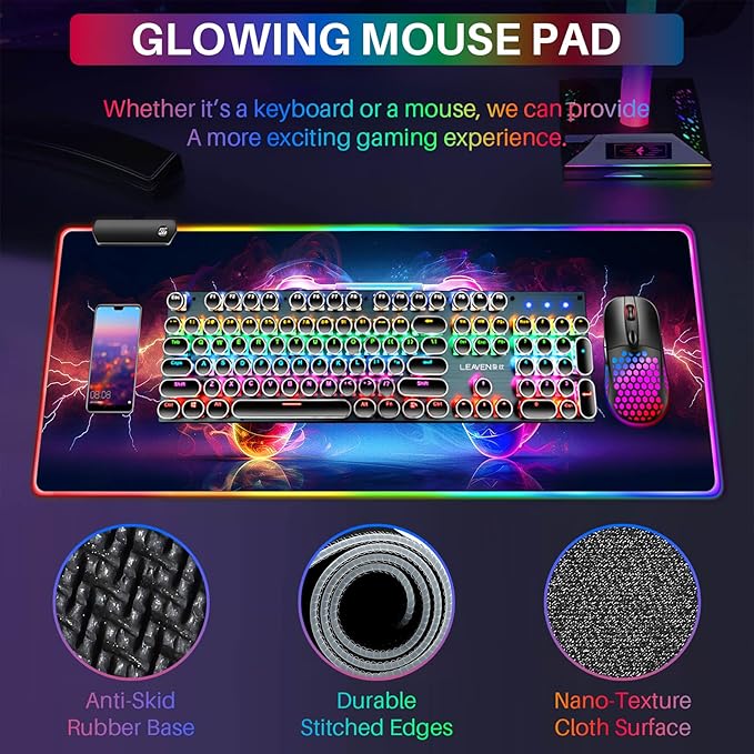 XL Led Gaming Mouse Pad with 14 Light Modes - Light Up Gamer Mouse Pad31.5 x 11.8in Non-Slip Gamepad Style RGB Large Gamer MousepadBlack Long Glowing Gaming Accessories for DeskWaterproof