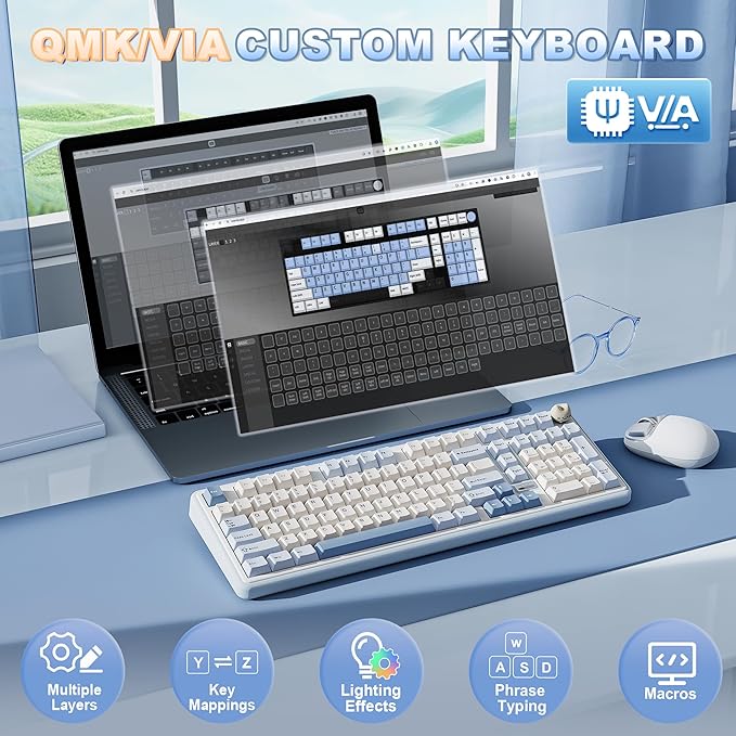 YUNZII B98 PRO QMK/VIA Wireless Mechanical Gaming Keyboard 96% Layout with Numpad and Cute Cat Knob BT/2.4G/USB-C Pre-Lubed Switch Hot Swap Gasket RGB for Win/Mac (Blue Milk V2 Linear Switch)