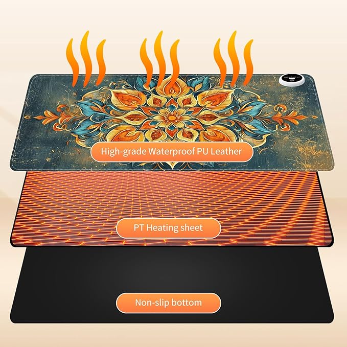 Heated Mouse Pad PU Leather Heated Desk Pad Fast Warm Desk mat with 3 Heating Levels 31.5 x 13 Mousepad for Home Office Gaming Mandala