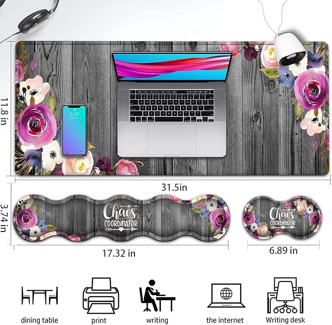 Large Gaming Mouse PadOffice Desk MatWaterproof Desk Writing Pad for Office/Home Ergonomic Keyboard Wrist Rest &amp Mouse Wrist Rest Vintage Watercolor Floral Laptop Desk Pad 31.5x11.8in