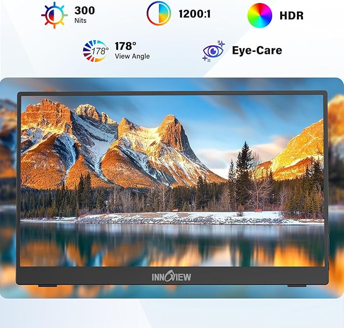 InnoView 15.6'' Portable Monitor for Laptop FHD 1080P USB-C Travel Monitors Built-in 90° Adjustable Stand Without Bag HDR IPS Portable Laptop Monitor for MacBook PC Phone Xbox PS4/5 Switch