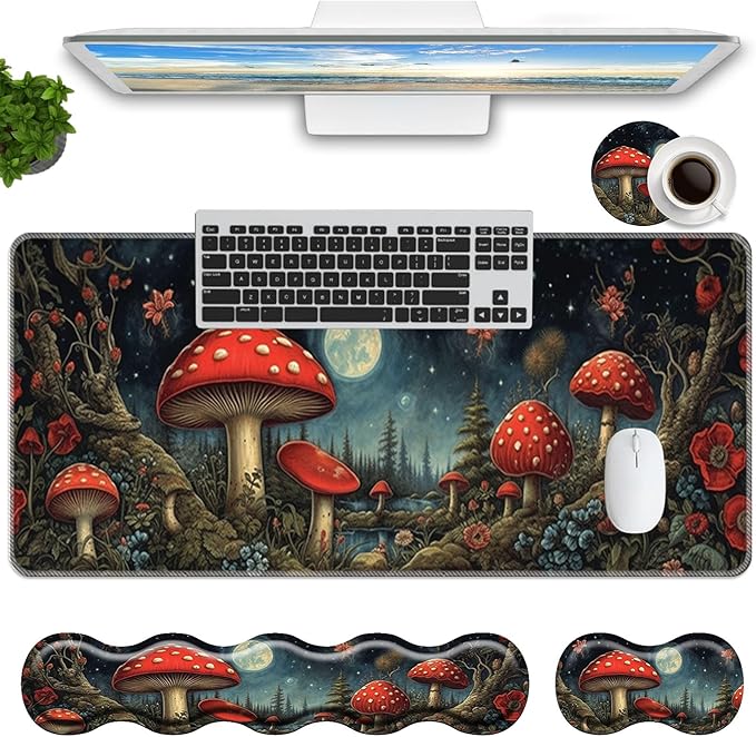 Keyboard Mouse Pad SetLarge Mouse Pad+Keyboard Wrist Rest+Wrist Support+Coaster31.5x11.8in Extended Desk Mat for Computer Laptop Office Home-Mushroom Forest