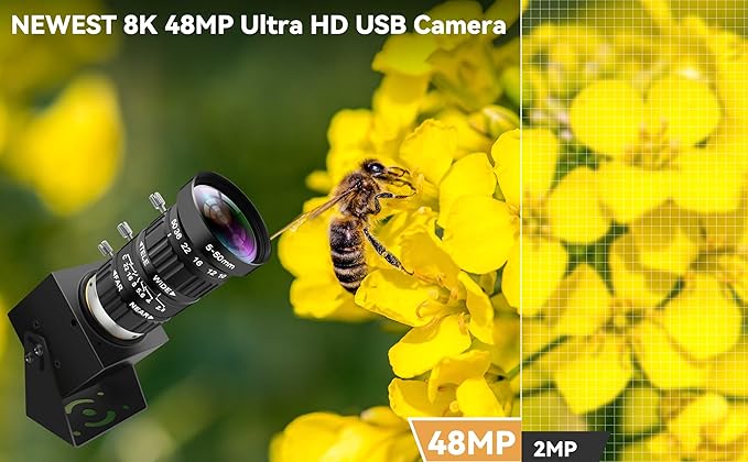 48MP USB Webcam 8K Ultra HD Color Camera with 5-50mm 10X Manual Optical Lens 6000P Industrial Security Video Camera Close-Up Zoom Function Plug-and-Play for Windows Linux Mac OS