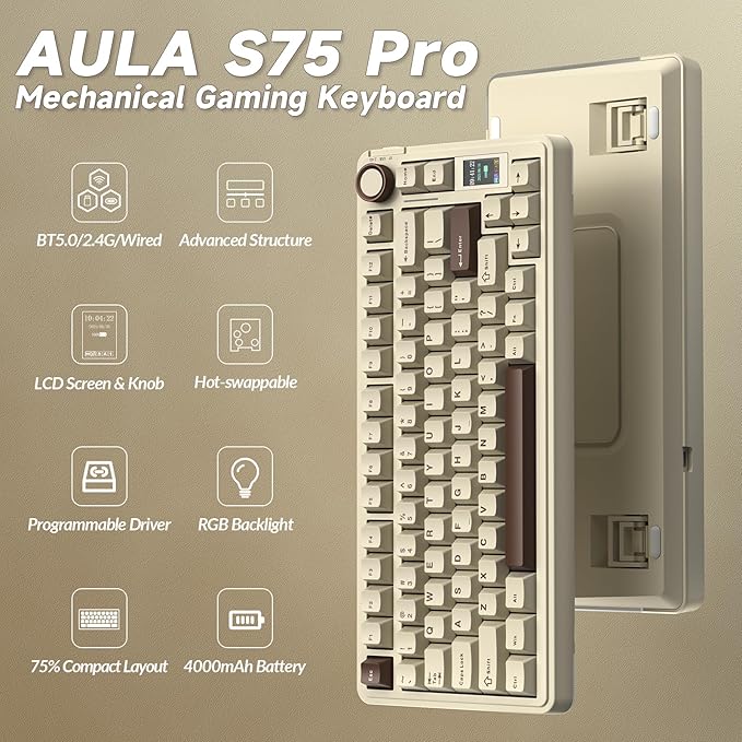 AULA S75 PRO Wireless Mechanical Keyboard with Screen&ampKnob 75% Hot Swappable Gaming Keyboard with Pre-lubed Switches RGB Backlit PBT Keycaps Creamy Sounding Computer Keyboards