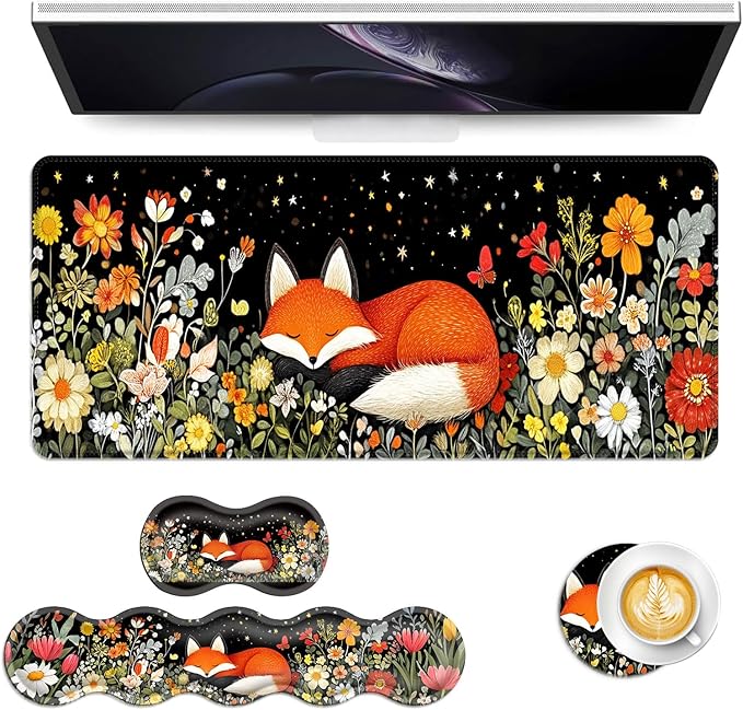 Keyboard Mouse Pad Set Extended Gaming Mouse Pad+Ergonomics Keyboard Wrist Rest Support Memory Foam Easy Typing Pain Relief 4Pcs XL Ultra Thick Desk MatSleeping Fox in Starry Night