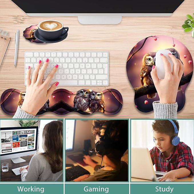 Ergonomic Keyboard Wrist Support Pad and Wrist Support Mouse Pad Anti-Slip with Gel Memory Mouse Pad Set Suitable for Office Use/Home Use - Cute Owls