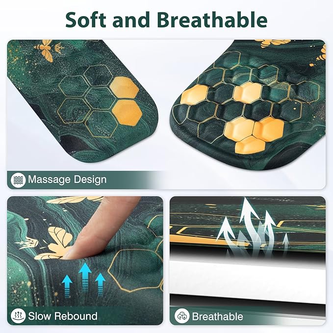 EYROZILL 3 in 1 Ergonomic Mousepad and Keyboard Wrist Rest Mouse Pad with Wrist Support Massage Design Keyboard Wrist Rest and Mouse Pad Set for Home Office (Green Bee)
