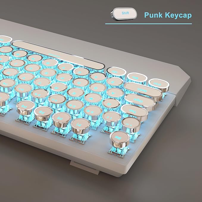 Typewriter Mechanical Gaming Keyboard and Mouse Combo Retro Punk Round Keycaps RGB Rainbow Backlit Wired Keyboard for Game and Office for Windows Laptop PC Red Switches(White)