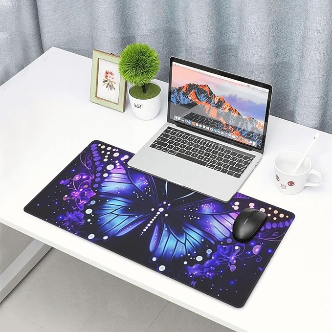 Purple Butterfly Desk Cover MatExtended Large Mouse PadComputer Laptop Mat Desk Decor for Office Game Home 30x16 Inch