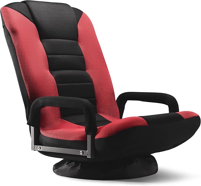 Swivel Floor Gaming Chair - Video Lounger Enjoy 6 Different Positions Adjustable Backrest Removable Arm Rests Folds to Store Stylish Blue with Black Center Stripe