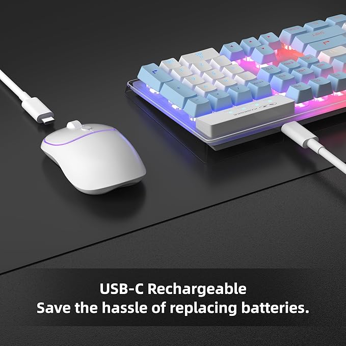 MageGee V550 Wireless Gaming Keyboard and Mouse 2.4G Full-Sized RGB LED Computer Keyboards with Transparent Shell Rechargeable Quiet Cordless Mouse &amp Keyboard Combo for Laptop/PC (Blue &amp Whi