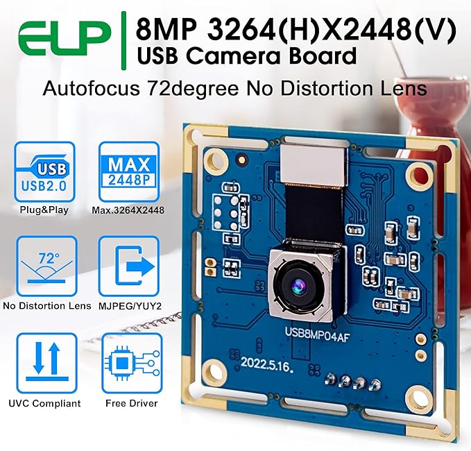 ELP 8MP USB Camera - Autofocus 4K PC &amp Raspberry Pi Mini UVC USB2.0 Webcam Board IMX179 Industrial Lightburn Camera for Laptop