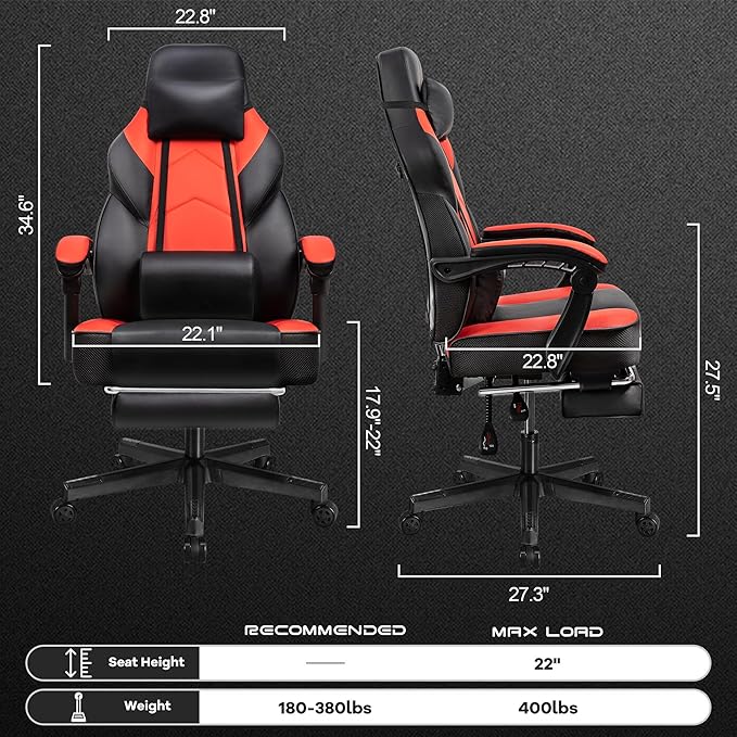 Gaming Chair for Adults Gaming Chairs with Footrest Ergonomic Video Game Chair with Massage Lumbar Big and Tall Computer Chair Height Adjustable with Headrest and 360° Swivel Seat Red