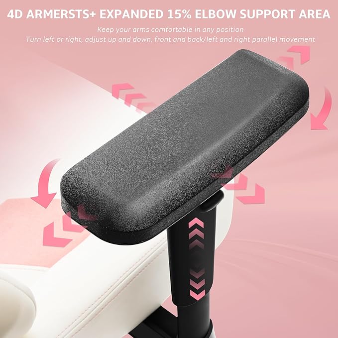 Ergonomic Gaming Chair Computer Desk Chairs 4D Armrests High Back Office Chair with Headrest &amp Lumbar Pillow Tilt Rocker Recliner Heavy-Duty Base White PU Leather &amp Pink Suede Comb