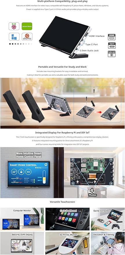 7inch HDMI Display TFT Capacitive Touchscreen 1024×600 Resolution Compatible with Raspberry Pi Jetson Nano Windows 5-Point Multi-Touch Stereo Speakers Audio Jack &amp OSD Controls