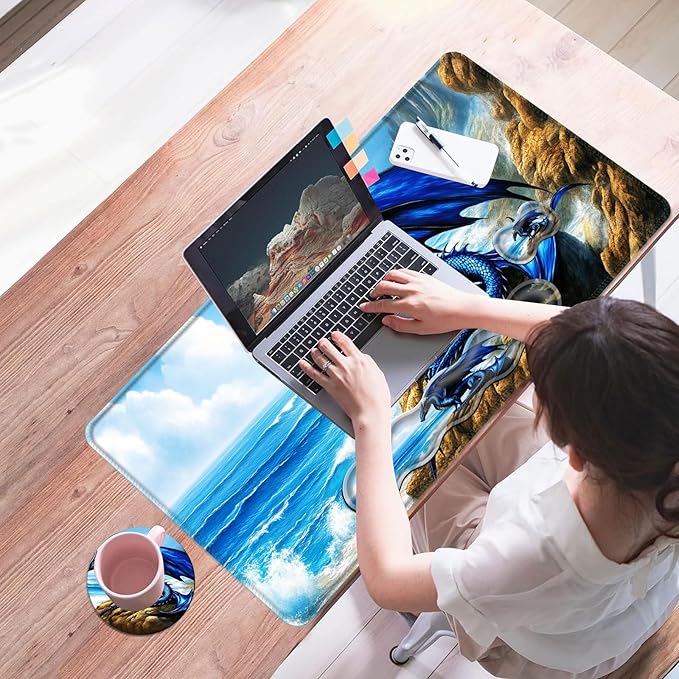 Mouse PadLarge Desk Mat Set 4in1 XL Mousepad + Keyboard Wrist Rest+Mouse Wrist Rest+Coaster with Ergonomic Desk Pad for Home Office Table Computer Cover -Blue Dragon on Seaside Rocks
