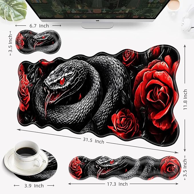 Desk Mat Mouse Pad with Wrist Rest 4-in-1 Large Mouse Pads for Desk Ergonomic Mouse Pad and Keyboard Wrist Rest Gaming Keyboard Mat for OfficeSnake and Roses