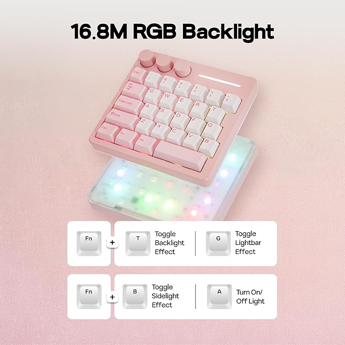 KiiBoom Cybrix 29 Rapid Fast Wired Gaming Keyboard 8Khz Polling Aluminum &amp Acrylic One Handed Keyboard 3 Programmable Knobs Magnetic Switch Adjustable Actuation RGB Backlits FR4 Plate (Pink