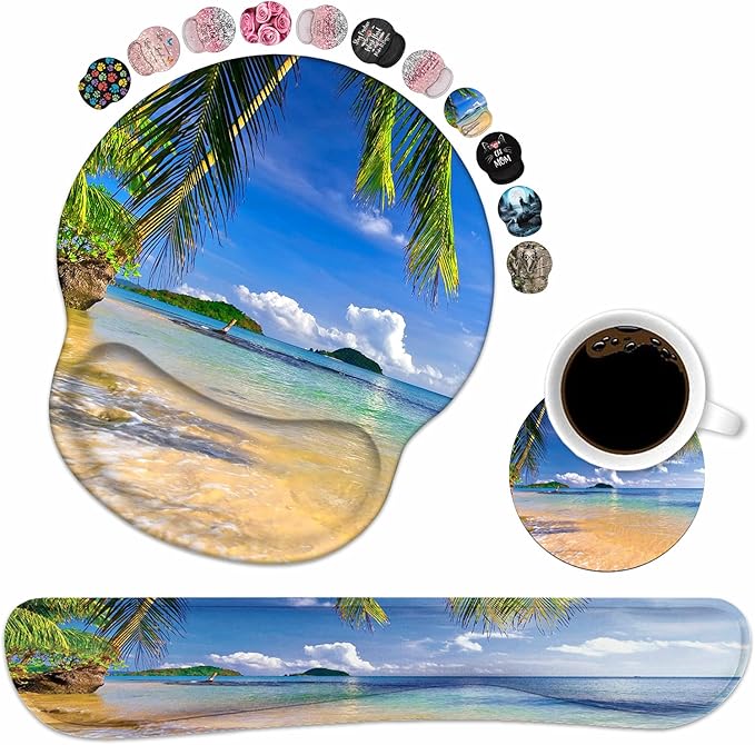 Keyboard Wrist Rest and Mouse Pad Wrist Support Set with Coasters Non-Slip PU Base Ergonomic Gaming Mousepad for Home Office Working Studying Easy Typing &amp Pain Relief Shore Palms Tropical Beach
