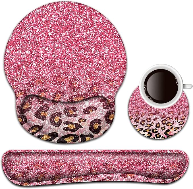 Keyboard Wrist Rest and Mouse Pad with Wrist Support Ergonomic Mouse Pad CoasterEasy Typing Pain Relief Memory Foam Keyboard Mousepad Set Pink Leopard