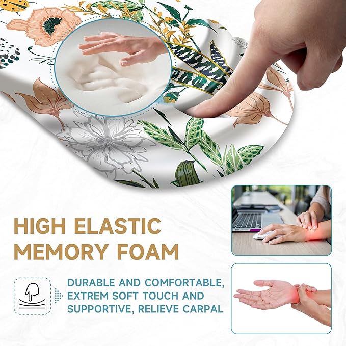 Ergonomic Mouse Pad with Wrist Rest SupportNon-Slip PU BaseMassage for Carpal Tunnel Pain ReliefMemory Foam Mousepad for HomeOfficeWork（Creamy Beautiful Floral）