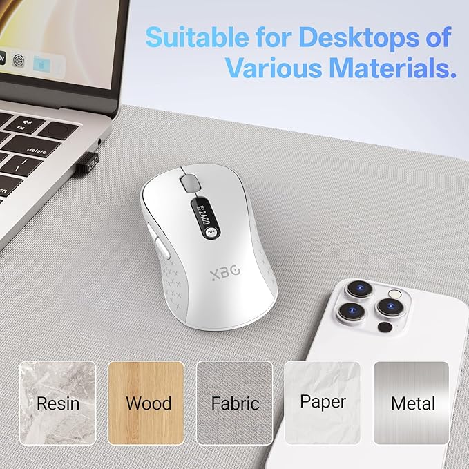 XBG B15pro Wireless Bluetooth Mouse Bluetooth 5.0/4.0 &amp 2.4G Tri-Mode Type-C Rechargeable with LED Screen Display Ergonomic Silent Click for Laptop/PC/Tablet Multi-Device &amp Office Use-Whit
