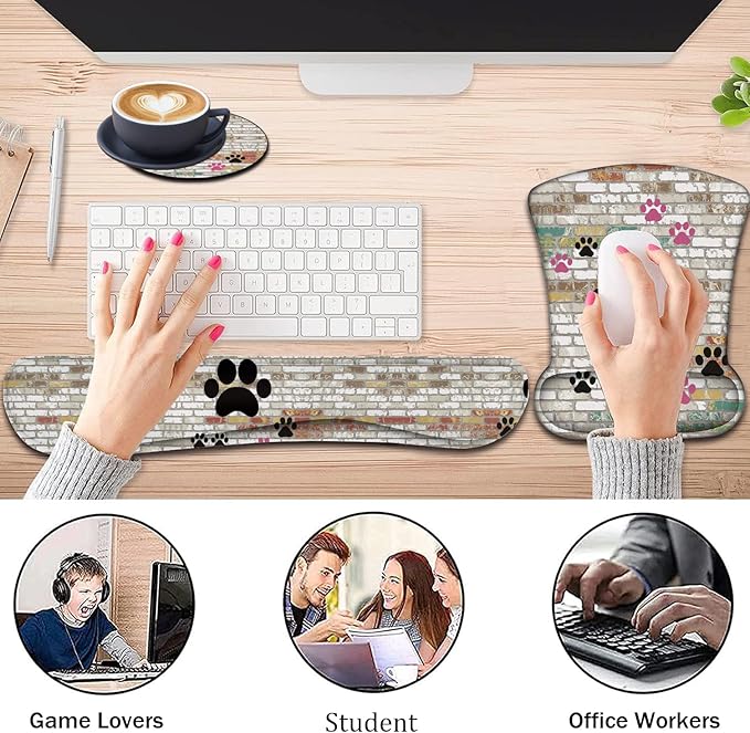 Keyboard Wrist Support + Wrist Mousepad + Coaster Combination Non-Slip PU Base with Gel Memory Mousepad Suitable for Gaming Office Pain Relief Mousepad Set - Cute Dog Paw Prints