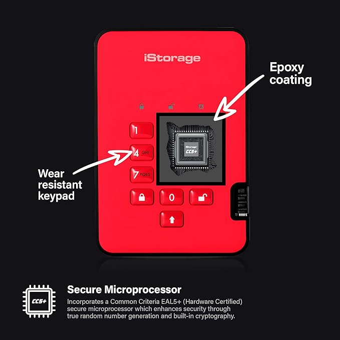 iStorage diskAshur2 HDD 3TB Red | Secure portable hard drive | Password protected | Dust &amp water resistant | Hardware Encryption
