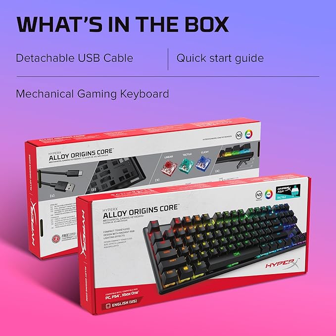 HyperX Alloy Origins Core - Tenkeyless Mechanical Gaming Keyboard Software Controlled Light &amp Macro Customization Compact Form Factor RGB LED Backlit Tactile HyperX Aqua SwitchBlack