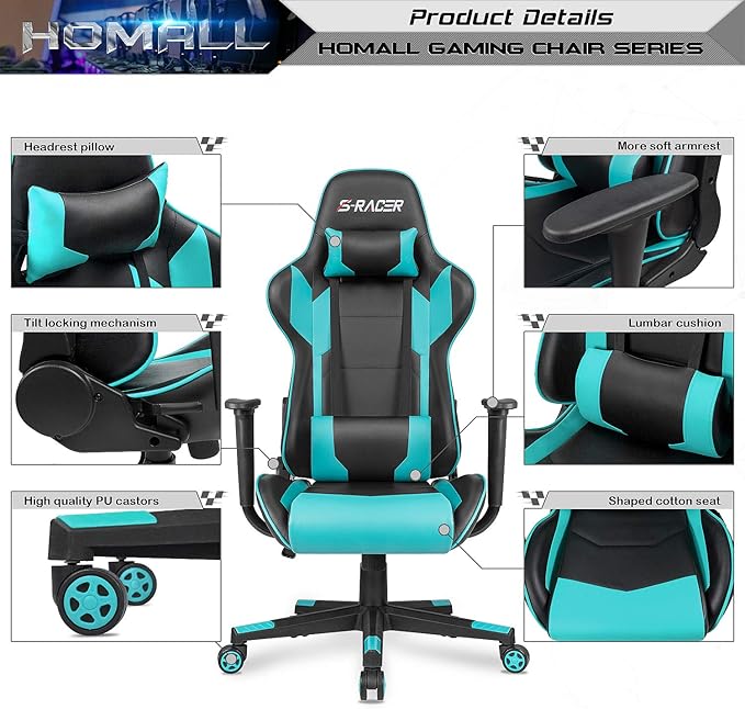 Homall Gaming Chair Office Chair High Back Computer Chair Leather Desk Chair Racing Executive Ergonomic Adjustable Swivel Task Chair with Headrest and Lumbar Support(Cyan)