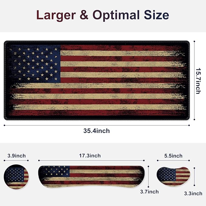 Desk Mat Pad Gaming Mouse Pad Wrist Support Set 4 in1 Non-Slip XXL Large Mousepad + Ergonomic Keyboard Wrist Rest+Mouse Wrist Rest+Coaster for Home Office PC Computer I Vintage American Flag