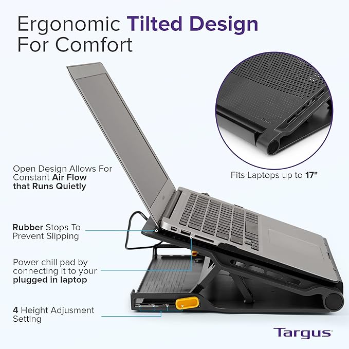 Targus Laptop Cooling Pad for Laptops up to 17-inches Dual High-Speed Fans Chill Mat + 4-Port USB Hub Laptop Fan Cooling Pad for Work USB Stand Cooling Pad for Gaming Laptop Cooling Fan (AWE81US)