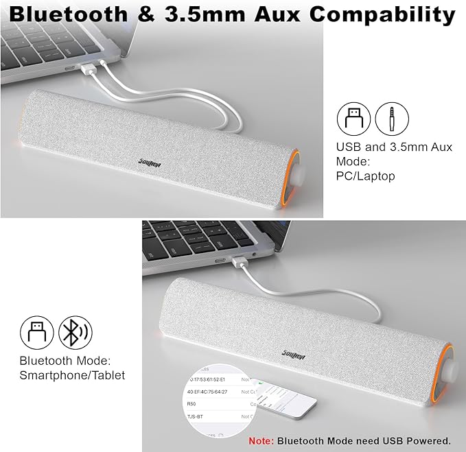 SOULION R50 Bluetooth Computer Speakers 3.5mm PC Sound Bar for Desktop Monitor Wired USB Powered &amp Colorful LED Lights with Switch Button Surround Sound Soundbar PC Spearkers for Computer Whit