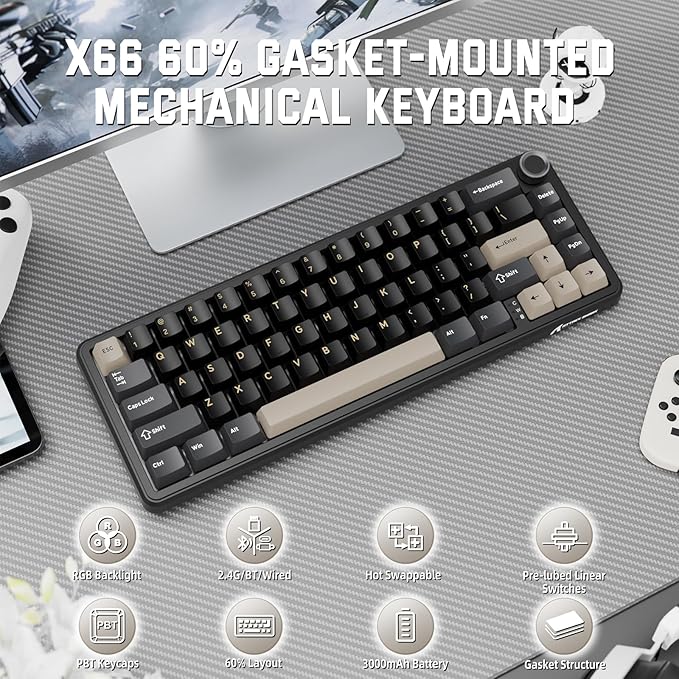 MAMBASNAKE Attack Shark X66 Gasket Wireless Mechanical Keyboard with Volume Knob60% BT/2.4GHz/Wired Gaming KeyboardRGB BacklitOEM Tri-Color PBT keycaps66 Keys Hot Swappable for PC/MACStarblack