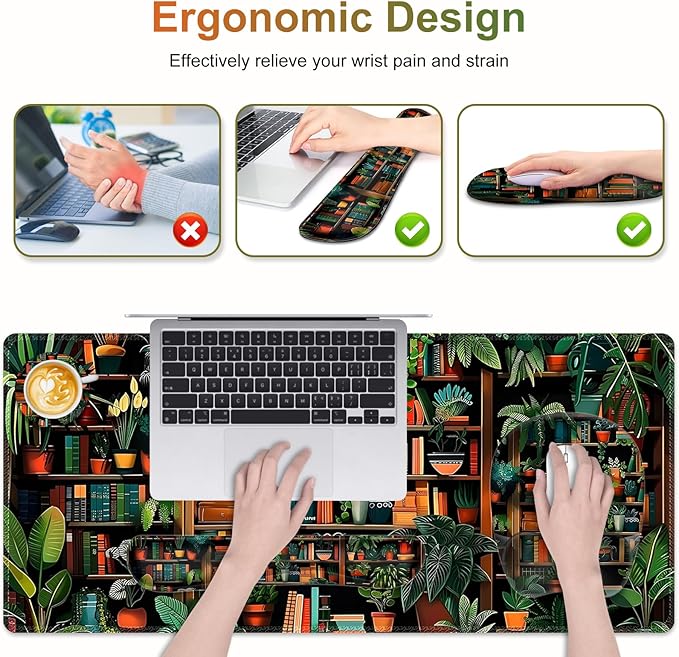 Mouse Pad with Wrist Support 4 in1 Set XXL Big Game Mousepad + Keyboard Wrist Rest + Mouse Wrist Rest Pad +Coaster Gaming Mat for Home Office Work Computer Laptop PC I Green Vine Book Forest