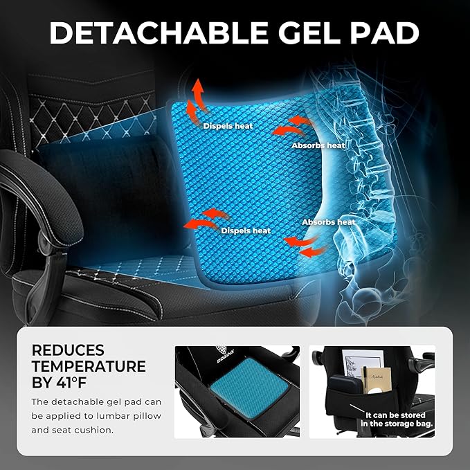 Dowinx Gaming Chair Breathable Fabric Game Chair with Gel Pad and Storage Bag Comfortable Gamer Chair with Pocket Spring Cushion Ergonomic Computer Chair with Footrest Black