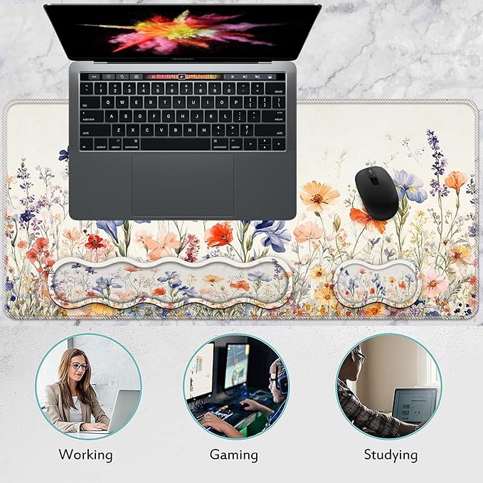 Keyboard Wrist Rest and Mouse Pad Set31.5x11.8 Inches Desk MatWaterproof Non-Slip Ergonomic Wrist Support for Pain ReliefExtended Desk Protector for Office Home GamingWildflower Pattern