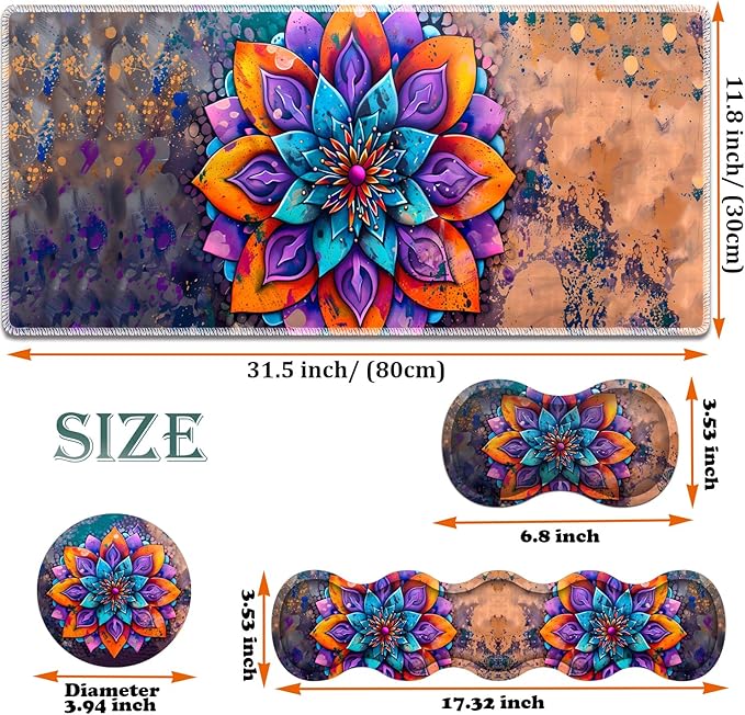 Large Gaming Mouse Pad + Keyboard Wrist Rest + Wrist Support + Coaster Set Memory Foam Ergonomic for Easy Typing XXL Extended Gaming Mouse Pad Table Pad - Mandala Flower