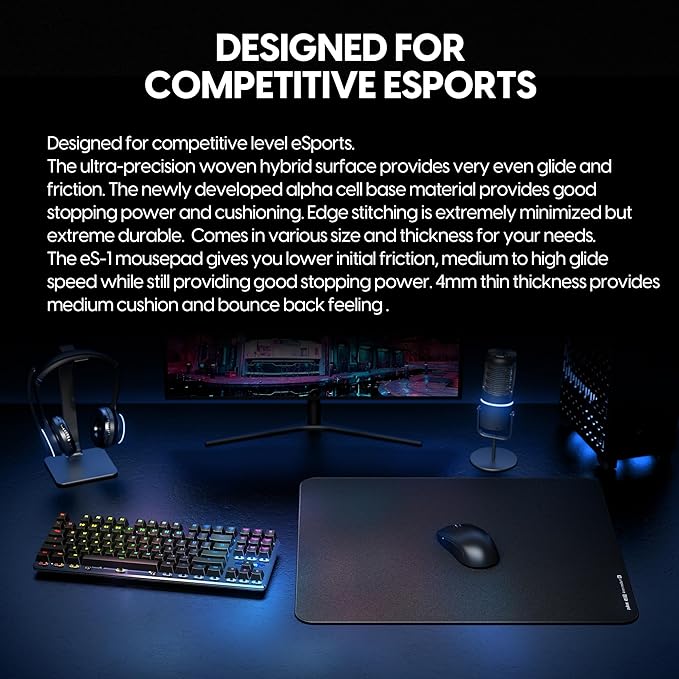Pulsar - eS1 Esports Professional Level Gaming Mouse Pad 4mm Thickness Anti-Slip Base Anti-Fray Precision Stitching Medium to high Glide Speed 16.5in x 13in (L Black)