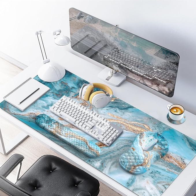 Desk Mat for Keyboard and Mouse Large Mouse Pad with Wrist Rest and Keyboard Pad 4PCS Carpal Tunnel Keyboard Wrist Support Computer Mousepad for Laptop Teal Blue Turquoise Marble